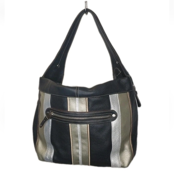 Tignanello Leather Purse Top Handle Bag Metallic Striped Black Silver Buckle EUC